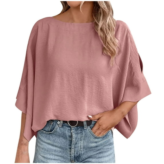 Timegard Summer Tops for Women Drop Shoulder Lightweight Loose Solid Color Casual 3/4 Sleeve Blouse