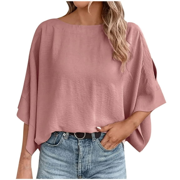 Timegard Summer Tops for Women Drop Shoulder Lightweight Loose Solid Color Casual 3/4 Sleeve Blouse
