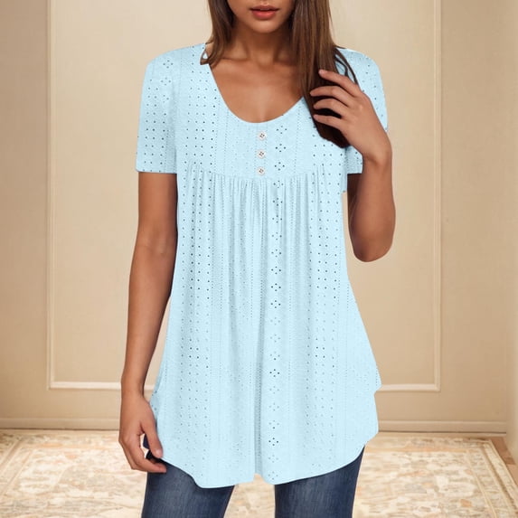 Timegard Summer Tops for Women Eyelet Scoop Neck Ruched Button Tunic Tops Beach Vacation Comfy Tee