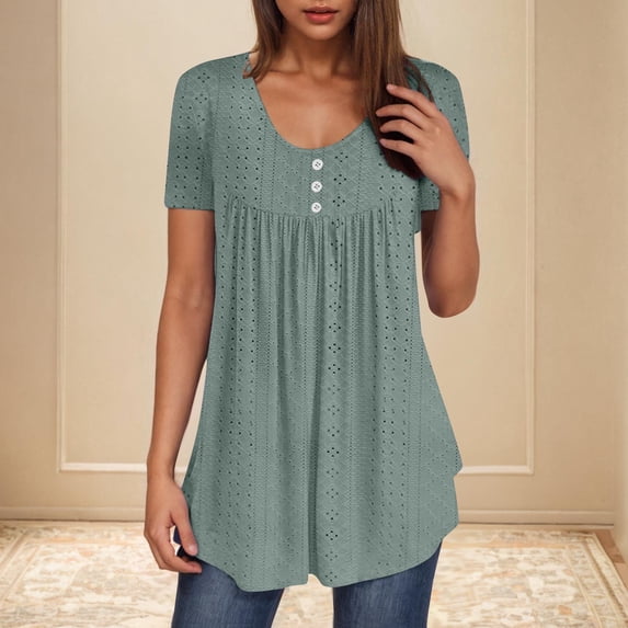 Timegard Summer Tops for Women Eyelet Scoop Neck Ruched Button Tunic Tops Beach Vacation Comfy Tee