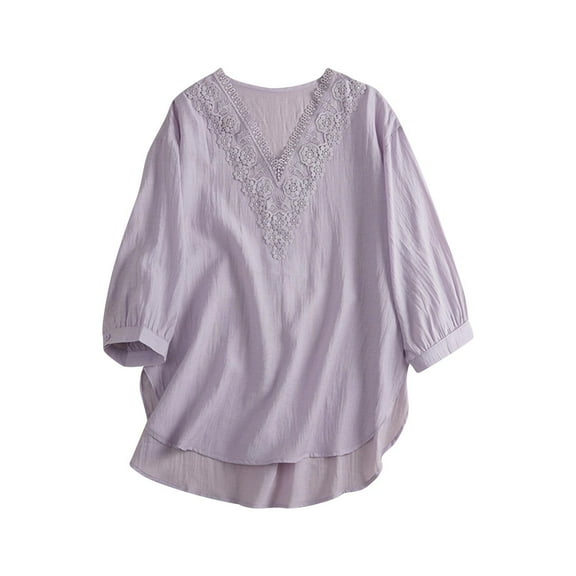 Timegard Summer Tops for Women Lace V Neck 1/2 Sleeve Loose Lightweight Drop Shoulder Casual Loose Blouse