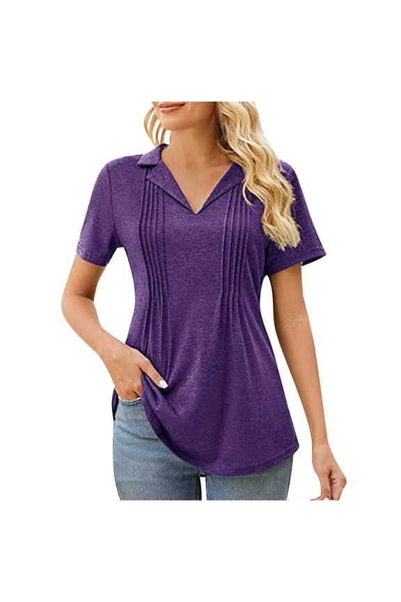 Summer Tops for Women Lapel V Neck Ruched Tunic Tops Dressy Casual Comfy Travel Blouse Fashion