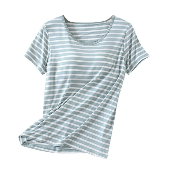 Timegard Summer Tops for Women Pajamas Round Neck Striped Loose Comfy Short Sleeve Tee Built in Bras