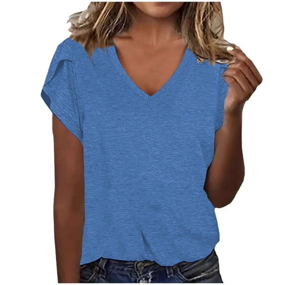 Timegard Summer Tops for Women Petal Short Sleeve V Neck Solid Color Casual Loose Comfy Tee Shirts
