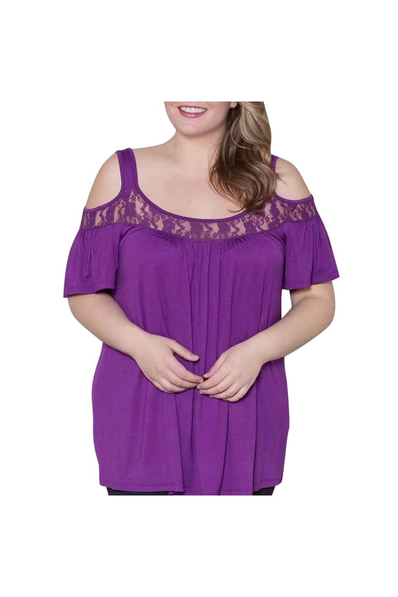 Summer Tops for Women Plus Size Cold Shoulder Lace Scoop Neck Ruched Casual Comfy Top Blouse