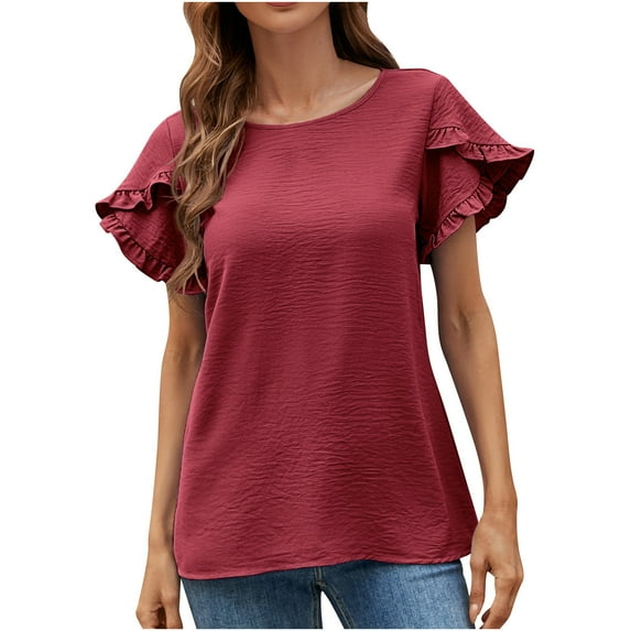 Timegard Summer Tops for Women Round Neck Petal Ruffle Short Sleeve Loose Casual Solid Color Tee Blouse