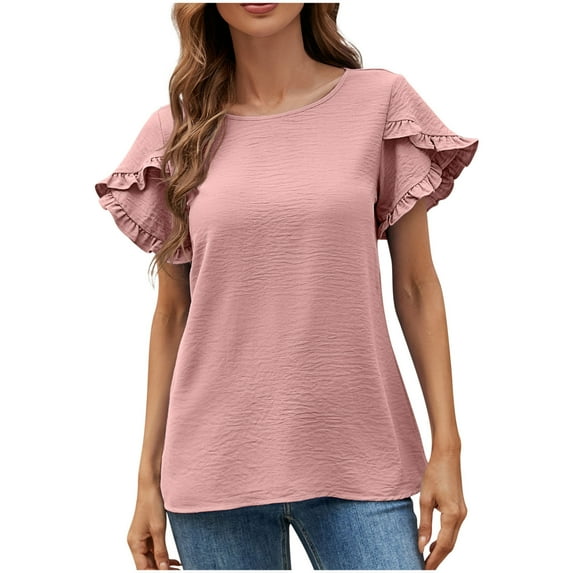 Timegard Summer Tops for Women Round Neck Petal Ruffle Short Sleeve Loose Casual Solid Color Tee Blouse