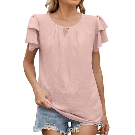Timegard Summer Tops for Women Round Neck Ruffle Short Sleeve Lightweight Casual Loose Ruched Tee