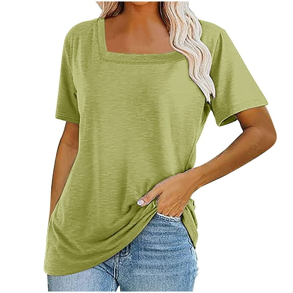 Timegard Summer Tops for Women Square Neck Short Sleeve Comfy Solid Color Casual Tunic Top for Leggings