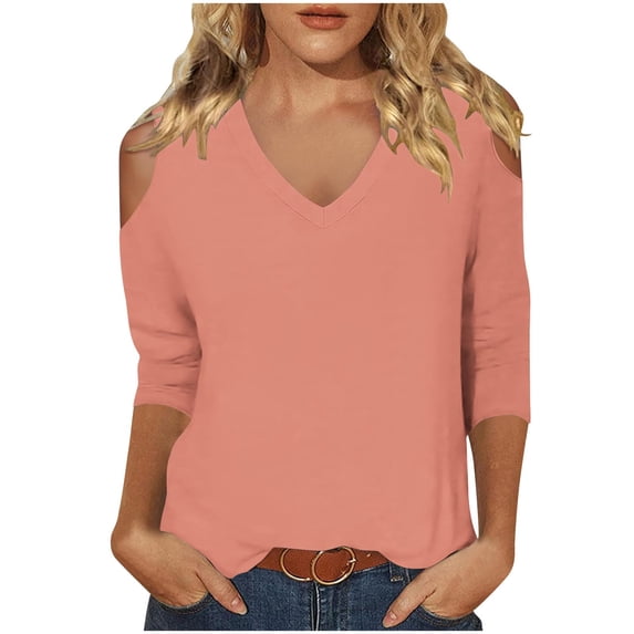 Timegard Summer Tops for Women V-Neck Cold Shoulder 3/4 Sleeve Solid Color Comfy Blouse Casual Loose Tops