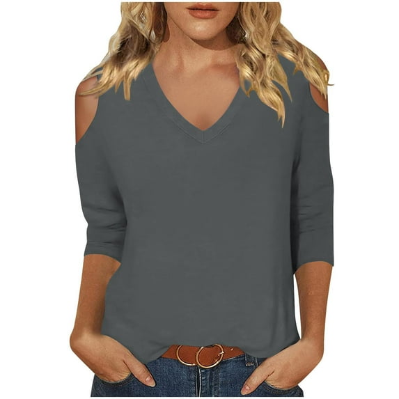 Timegard Summer Tops for Women V-Neck Cold Shoulder 3/4 Sleeve Solid Color Comfy Blouse Casual Loose Tops