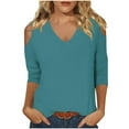 thumbnail image 1 of Timegard Summer Tops for Women V-Neck Cold Shoulder 3/4 Sleeve Solid Color Comfy Blouse Casual Loose Tops, 1 of 6