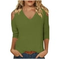 thumbnail image 1 of Timegard Summer Tops for Women V-Neck Cold Shoulder 3/4 Sleeve Solid Color Comfy Blouse Casual Loose Tops, 1 of 6