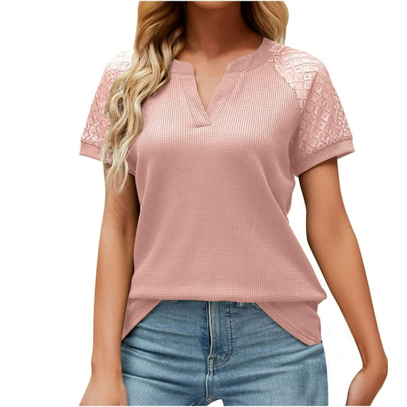 Timegard Summer Tops for Women V Neck Lace Short Sleeve Solid Color Casual Loose Comfy Tee Blouse