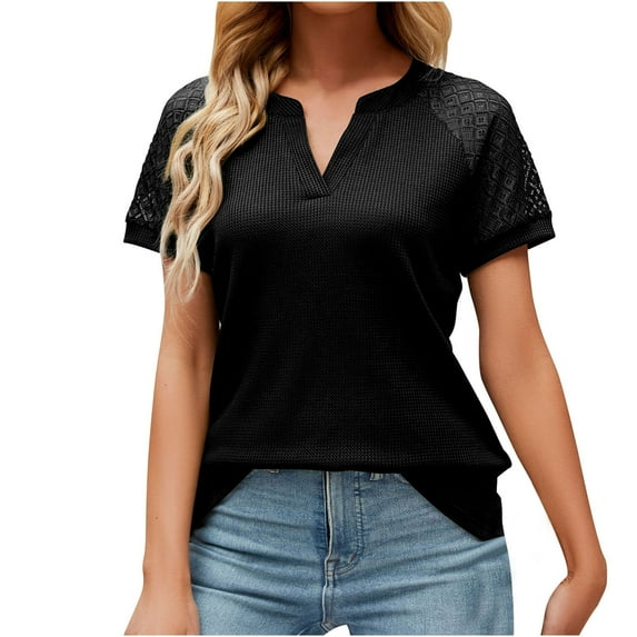 Timegard Summer Tops for Women V Neck Lace Short Sleeve Solid Color Casual Loose Comfy Tee Blouse