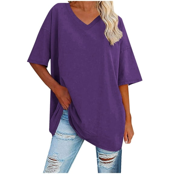 Timegard Summer Tops for Women V Neck Short Sleeve Loose Oversized Tee Casual Solid Color Mid Long Tshirts