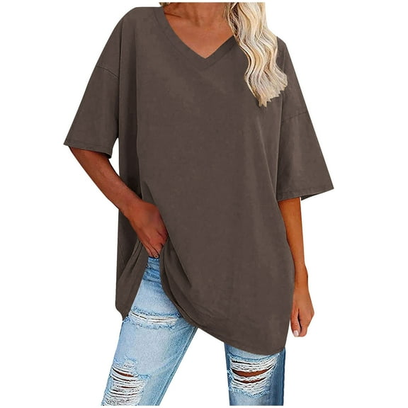 Timegard Summer Tops for Women V Neck Short Sleeve Loose Oversized Tee Casual Solid Color Mid Long Tshirts
