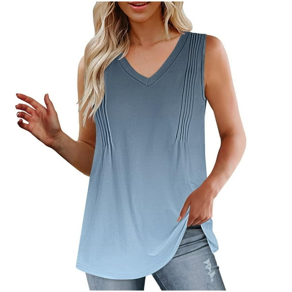 Timegard Summer Tops for Women V-Neck Sleeveless Gradient Color Pleated Comfy Blouse Casual Tunic Tops