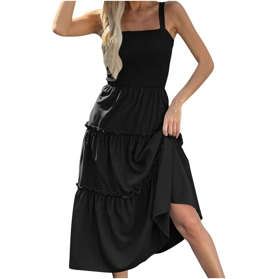 Timegard Sundresses for Women Sleeveless Ruffle Square Neck Solid Color Summer Beach Casual Dress Smocked