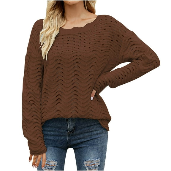 Timegard Sweaters for Women Scoop Neck Long Sleeve Knit Hollow out Pullover Vacation Travel Loose Tops