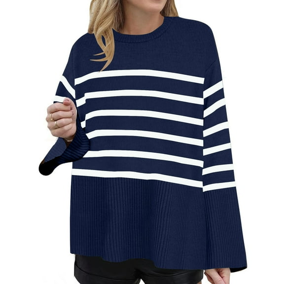 Timegard Sweaters for Women Striped Drop Shoulder Side Split Long Sleeve Pullover Fall Winter Knit Tops