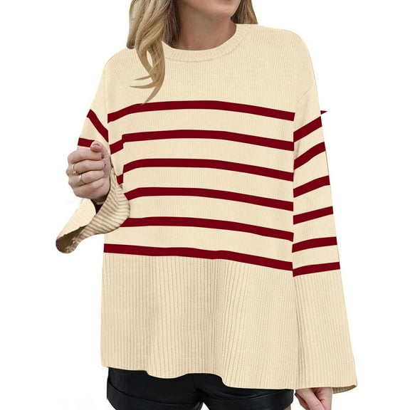 Timegard Sweaters for Women Striped Drop Shoulder Side Split Long Sleeve Pullover Fall Winter Knit Tops