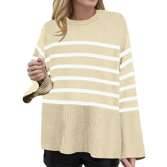 Timegard Sweaters for Women Striped Drop Shoulder Side Split Long Sleeve Pullover Fall Winter Knit Tops