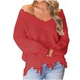 thumbnail image 1 of Timegard Sweaters for Women V Neck off Shoulder Pullover Irregularly Ripped Casual Loose Tops Fall Fashion, 1 of 6