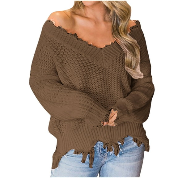 Timegard Sweaters for Women V Neck off Shoulder Pullover Irregularly Ripped Casual Loose Tops Fall Fashion