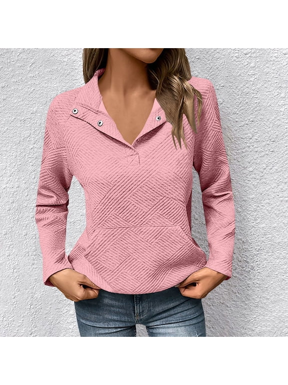 Sweatshirt for Women Fall Winter Casual Long Sleeve Notched V Neck Button Fitting Pullover Tops