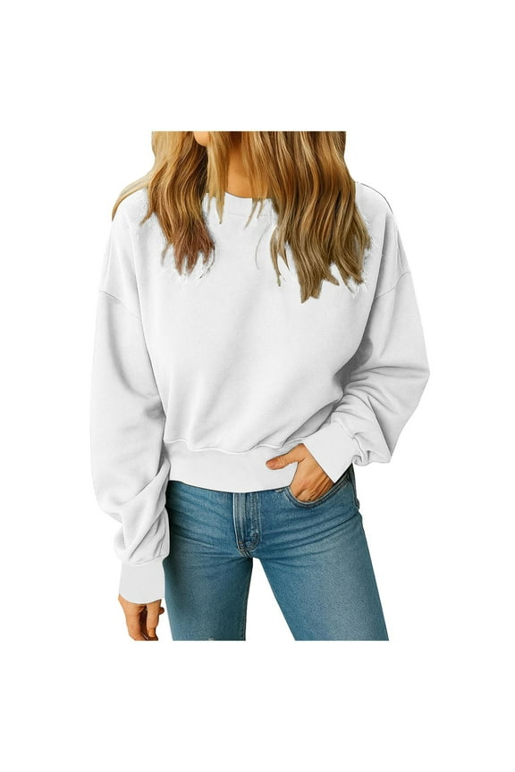 Sweatshirts for Women Lightfleece Cropped Long Sleeve Crewneck Drop Shoulder Pullover Fall Winter