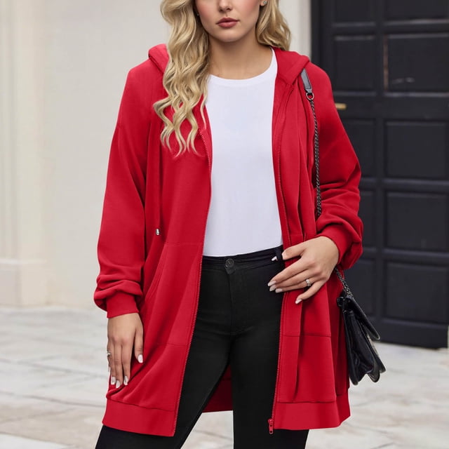Timegard Sweatshirts for Women Zip up Hoodies Lightweight Mid Long Comfy Jackets Fall Winter Outwear