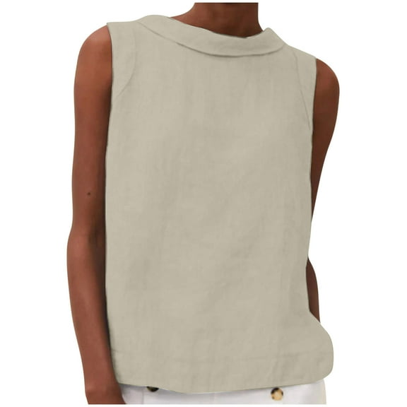 Timegard Tank Top for Women Back Button Sleeveless Stand Collar Tunic Top Solid Color Casual Tee Summer