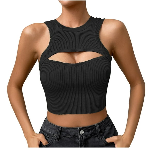 Timegard Tank Top for Women Ribbed Cutout Crewneck Fitting Cropped Comfy Knit Tee Sleeveless Casual