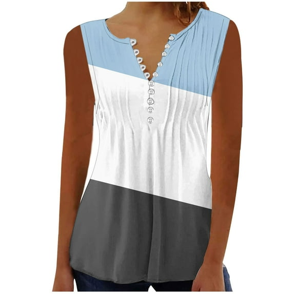 Timegard Tank Top for Women Sleeveless Tunic Top Ruched Notched V Neck Button Dressy Casual Tee Color Block