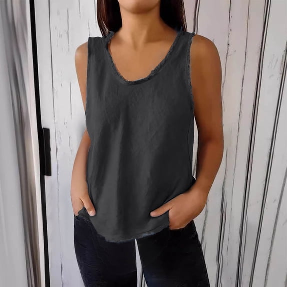 Timegard Tank Tops Women Summer Casual Ripped Round Neck Sleeveless Lightweight Solid Color Tee Tops