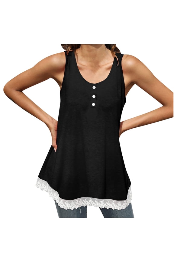 Tank Tops for Women Button Round Neck Lace Ruffle Bottom Comfy Sleeveless Tee Shirts Fashion