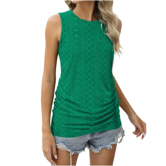 Timegard Tank Tops for Women Crew Neck Ruched Slim Fitted Dressy Casual Summer Eyelet Sleeveless Blouse
