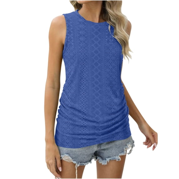 Timegard Tank Tops for Women Crew Neck Ruched Slim Fitted Dressy Casual Summer Eyelet Sleeveless Blouse