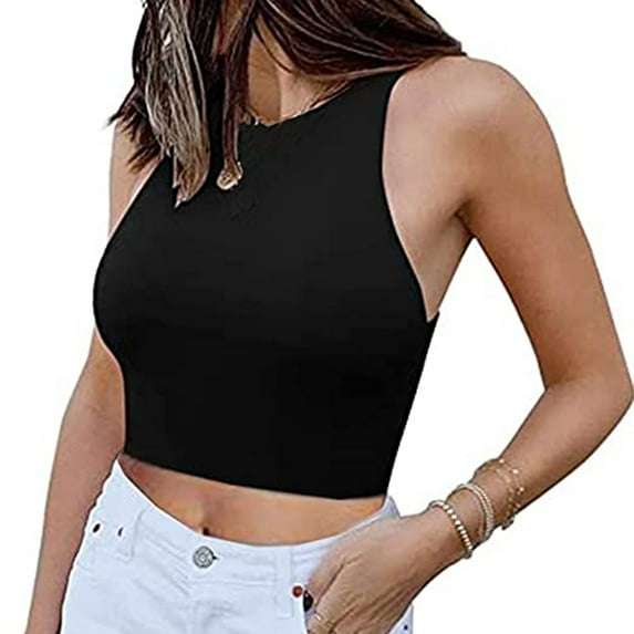Timegard Tank Tops for Women Crewneck Sleeveless Cropped Tops Slim Solid Color Casual Tee Shirts Summer