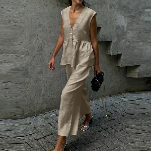 Summer Outfits for Women Ruffle V Neck Tank Tops Matching Wide Leg Pants 2 Piece Sets Casual Travel Work Clothes