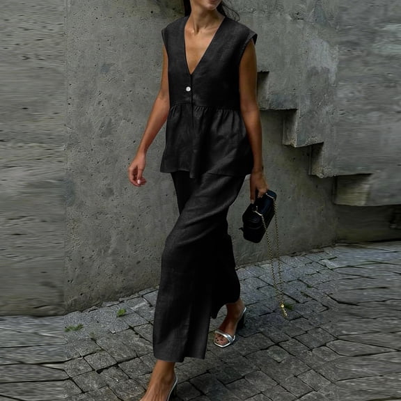 Summer Outfits for Women Ruffle V Neck Tank Tops Matching Wide Leg Pants 2 Piece Sets Casual Travel Work Clothes
