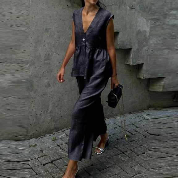 Summer Outfits for Women Ruffle V Neck Tank Tops Matching Wide Leg Pants 2 Piece Sets Casual Travel Work Clothes