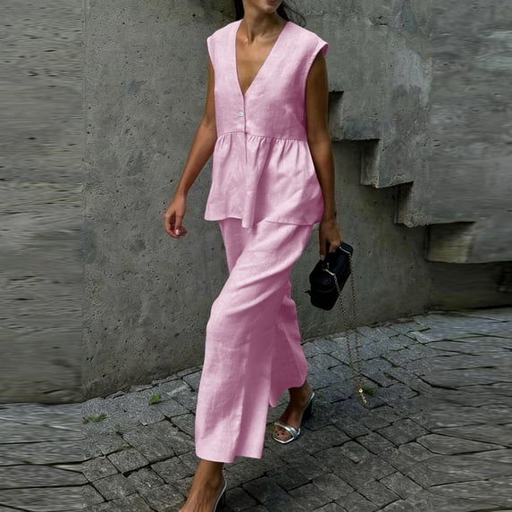 Summer Outfits for Women Ruffle V Neck Tank Tops Matching Wide Leg Pants 2 Piece Sets Casual Travel Work Clothes