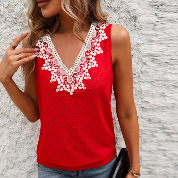 Timegard Tank Tops for Women Eyelet Lace V Neck Tunic Tops Dressy Casual Comfy Sleeveless Tops Travel