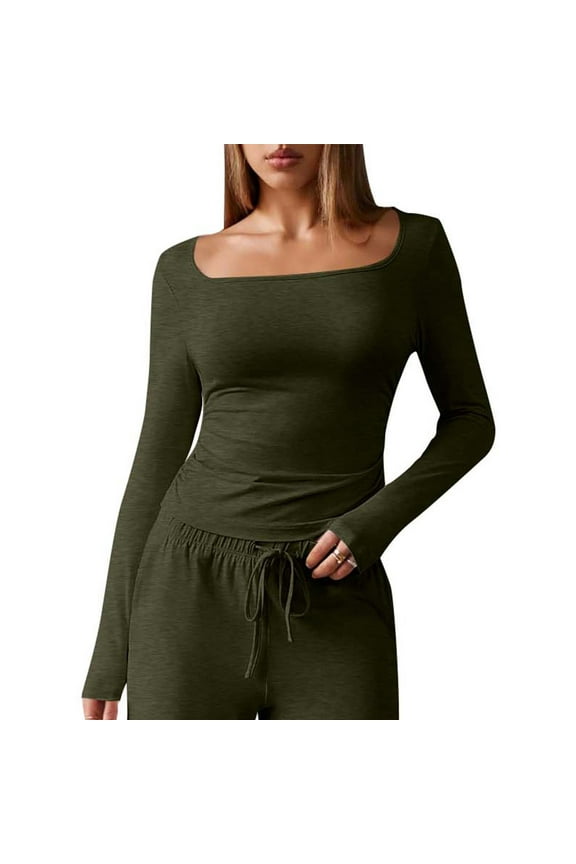 Womens Long Sleeve Shirts Fall Fashion Square Neck Slim Going out Tops Basics Tees Clothes