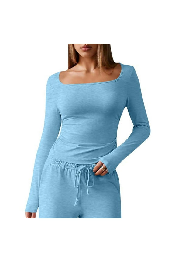 Womens Long Sleeve Shirts Fall Fashion Square Neck Slim Going out Tops Basics Tees Clothes