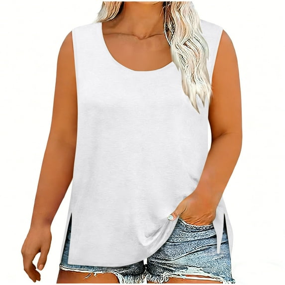 Timegard Tank Tops for Women Plus Size Summer Casual Side Split Loose Comfy Blouse Round Neck Sleeveless Tee