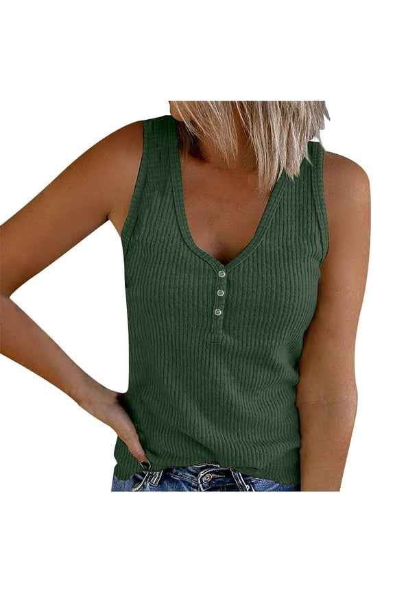 Tank Tops for Women Ribbed Deep V-Neck Button Slim Casual Sleeveless Shirts Basic Cami Top