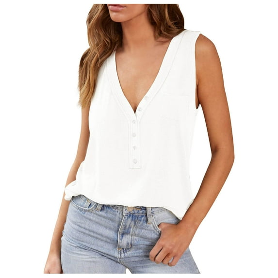 Timegard Tank Tops for Women Ribbed Deep V Neck Button Summer Beach Casual Comfy Sleeveless Slim Tops